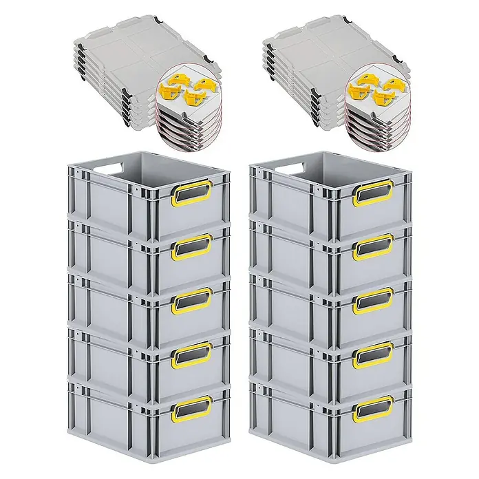 Proregal Euroboxen-Set 10x Eurobox NextGen Color mit Auflagedeckel und Schiebeschnappverschlüsse - L x B x H: 40 x 30 x 17 cm, Kunststoff, Grau, Gelb, 10 Stk. - Stapelbare graue Eurobehälter mit gelben Griffen und passenden Deckeln für Lagerung und Transport.