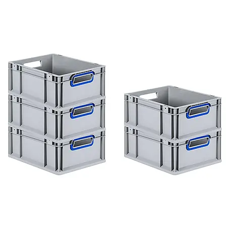SparSet 5x Eurobox NextGen Color | HxBxT 17x30x40cm | 16 Liter | Griffe blau offen | Glatter Boden | Grau | Eurobehälter, Transportbox, Transportbehälter, Stapelbehälter