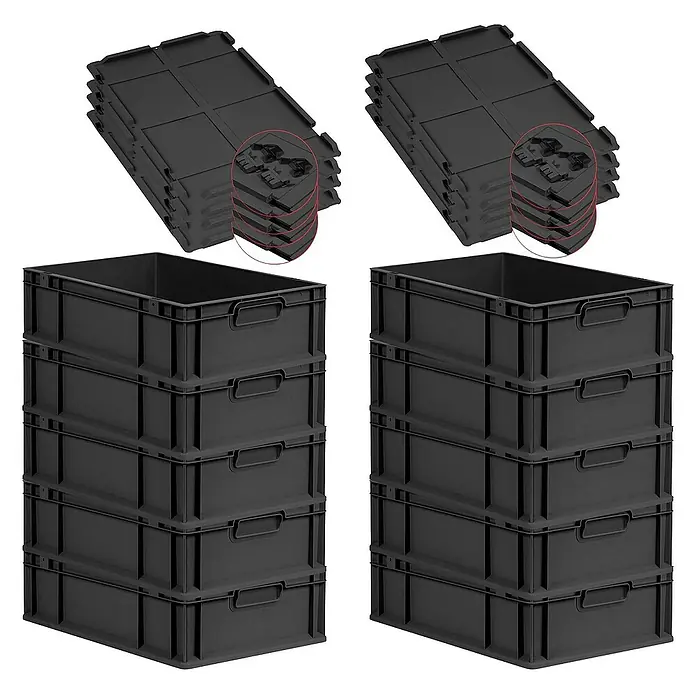 Proregal Euroboxen-Set 10x Eurobox NextGen Grip mit Scharnierdeckel und schwarzen Verschlüssen - L x B x H: 60 x 40 x 17 cm, Kunststoff, Schwarz, 10 Stk. - Schwarze Eurobehälter mit Deckeln, ideal für Lagerung und Transport. Robuste Kunststoffkisten für vielseitige Anwendungen.