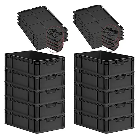Proregal  Euroboxen-Set 10x Eurobox NextGen Grip mit Scharnierdeckel und schwarzen Verschlüssen