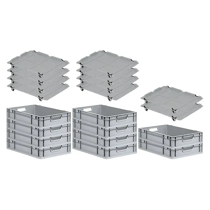 Proregal Euroboxen-Set 10x Eurobox NextGen Grip mit Auflagedeckel inkl. 4 schwarzen Verschlüssen - L x B x H: 60 x 40 x 12 cm, Kunststoff, Grau, 10 Stk. - Graue Kunststoffboxen und zugehörige Deckel im Stapel. Robuste Lagerlösung für Ordnung und effizienten Transport.