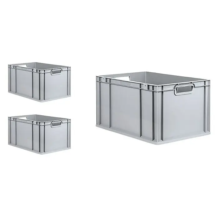 Proregal Euroboxen-Set 3x Eurobox NextGen Grip mit Scharnierdeckel und schwarzen Verschlüssen - L x B x H: 60 x 40 x 32 cm, Kunststoff, Grau, 3 Stk. - Drei graue Kunststoffboxen in verschiedenen Perspektiven, ideal für Lagerung und Transport. Das robuste Design sorgt für Langlebigkeit.