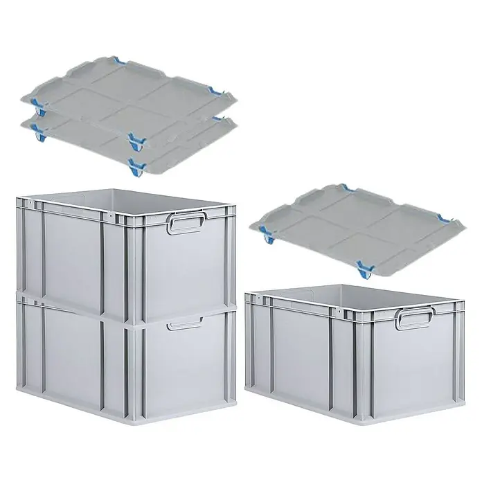 Proregal Euroboxen-Set 3x Eurobox NextGen Economy mit Auflagedeckel und 4x Verschlüsse Blau - L x B x H: 60 x 40 x 32 cm, Kunststoff, Grau, 3 Stk. - Graue Kunststoffbehälter mit passenden Rollbrettern. Ideal für Lagerung und Transport. Praktisch und robust.