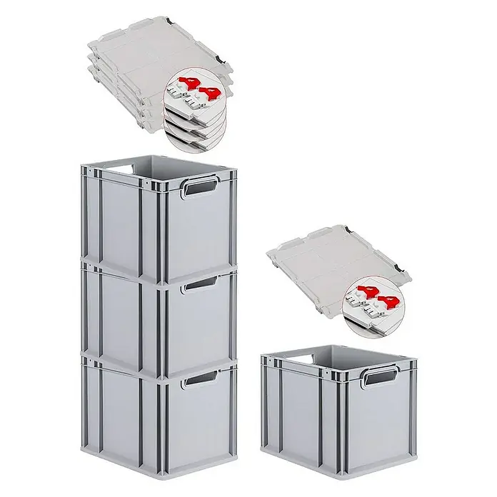 Proregal Euroboxen-Set 4x Eurobox NextGen Grip mit Scharnierdeckel und roten Verschlüssen - Kunststoff, Grau, 4 Stk. - Bild von grauen, stapelbaren Eurobehältern mit Griffen, gestapelt und flachliegend mit roten Verschlüssen.