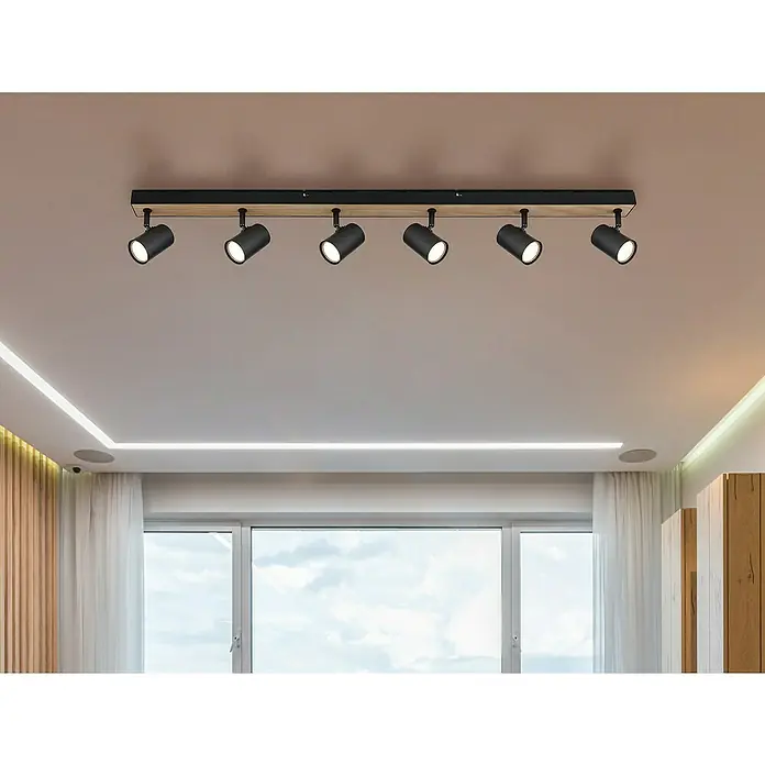 Globo Deckenstrahler Robby - L x B x H: 115 x 6 x 13,5 cm, 35 W, Schwarz, GU10 - Deckenleuchte mit sechs schwarzen Strahlern auf einem Holzsockel, die eine moderne und stilvolle Beleuchtungslösung bietet.