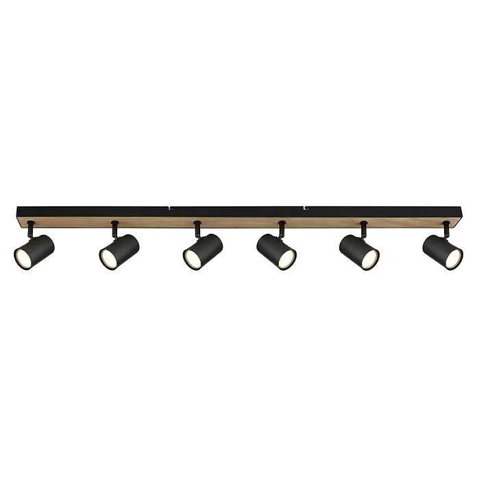 Globo Deckenstrahler Robby - L x B x H: 115 x 6 x 13,5 cm, 35 W, Schwarz, GU10 - Moderne schwarze LED-Deckenleuchte mit Holzbalken und fünf Strahlern für eine stilvolle Beleuchtung im Raum.