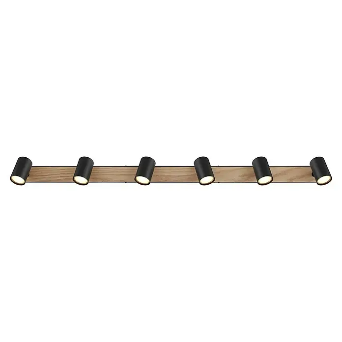 Globo Deckenstrahler Robby - L x B x H: 115 x 6 x 13,5 cm, 35 W, Schwarz, GU10 - Diese Abbildung zeigt eine moderne Holzleuchtenleiste mit sechs Strahlern, die sich ideal für stilvolle Innenräume eignet. Das Licht sorgt für eine angenehme Atmosphäre.