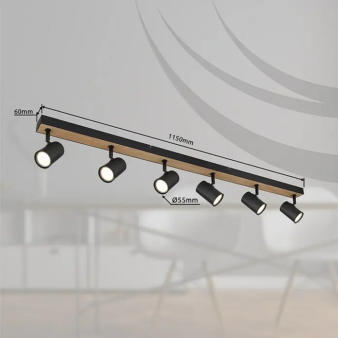 Globo Deckenstrahler Robby - L x B x H: 115 x 6 x 13,5 cm, 35 W, Schwarz, GU10 - Abbildung einer modernen Deckenleuchte mit sechs Strahlern auf einer Holzleiste, ideal für stilvolle Beleuchtung.