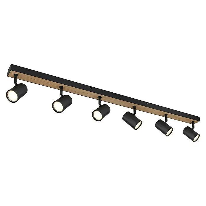 Globo Deckenstrahler Robby - L x B x H: 115 x 6 x 13,5 cm, 35 W, Schwarz, GU10 - Moderne Deckenleuchte mit sechs Strahlern in Schwarz und Holzoptik. Ideal für stilvolle Beleuchtung in jedem Raum.