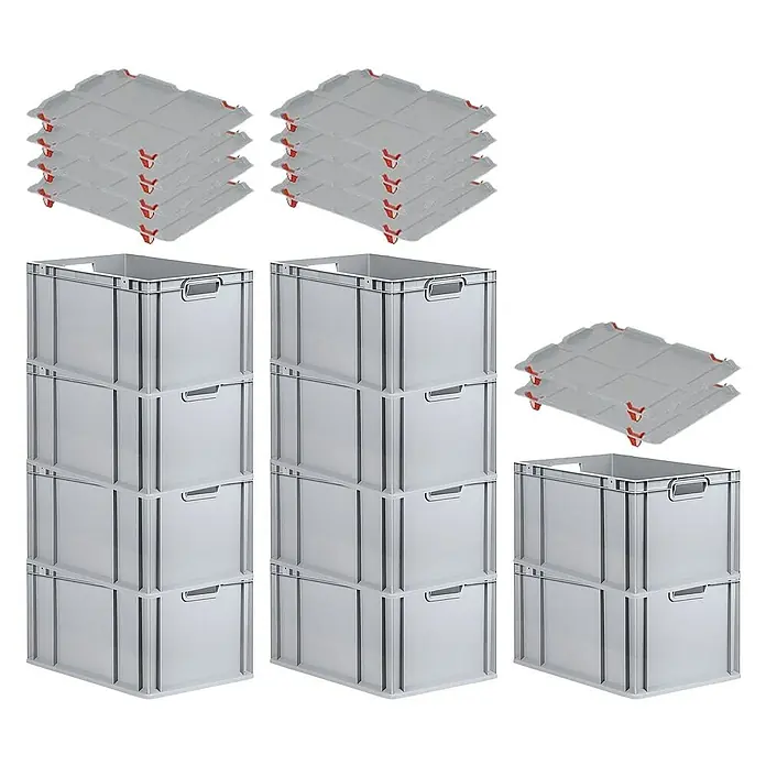 Proregal Euroboxen-Set 10x Eurobox NextGen Economy mit Auflagedeckel und 4x Verschlüsse Rot - L x B x H: 60 x 40 x 32 cm, Kunststoff, Grau, 10 Stk. - Abbildung von grauen Aufbewahrungsboxen und Deckeln aus Kunststoff mit roten Verschlüssen, ideal für Organisation und Lagerung.