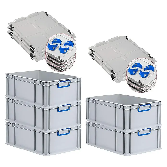 SparSet 5x Eurobox NextGen Color mit Auflagedeckel und Schiebeschnappverschlüsse | HxBxT 22x40x60cm | 44 Liter | Grau | Griffe blau geschlossen | Verstärkter Boden | Eurobehälter, Transportbox, Transportbehälter, Stapelbehälter -  - Graue Lagerboxen mit blauen Griffen und dazugehörige Deckel. Praktische Aufbewahrungslösung für verschiedene Anwendungen im Lagerbereich.