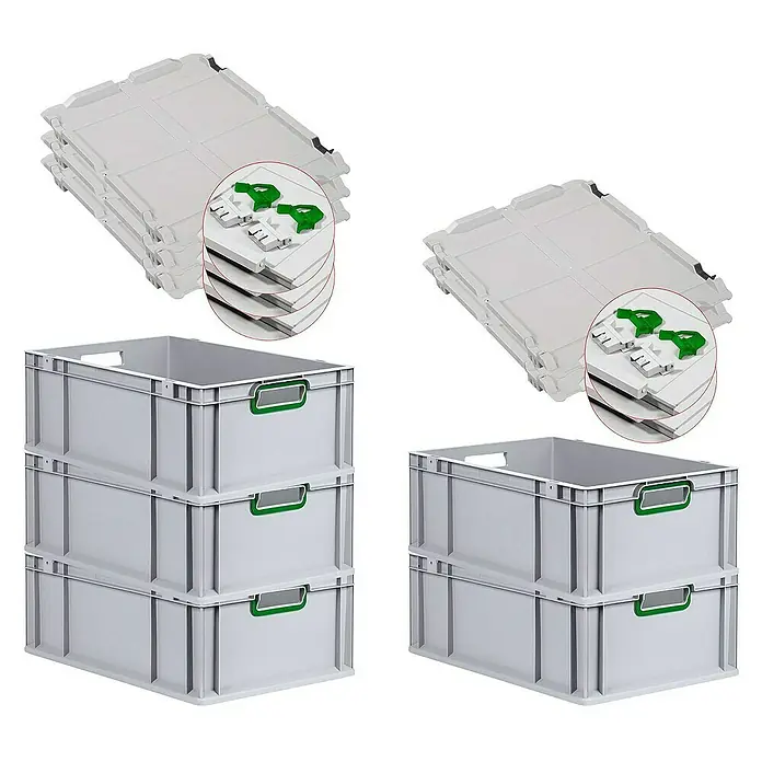 SuperSparSet 5x Eurobox NextGen Color mit Scharnierdeckel und Schiebeschnappverschlüssen | HxBxT 22x40x60cm | 44 Liter | Grau | Griffe grün offen | Verstärkter Boden | Eurobehälter, Transportbox, Transportbehälter, Stapelbehälter -  - Bild von grauen Kunststoffbehältern mit grünen Griffen und passenden Deckeln.