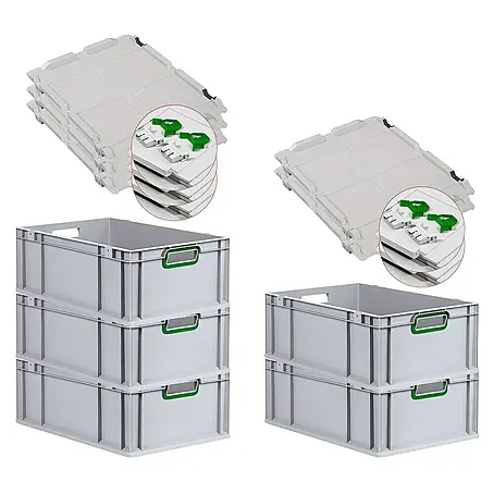 SuperSparSet 5x Eurobox NextGen Color mit Scharnierdeckel und Schiebeschnappverschlüssen | HxBxT 22x40x60cm | 44 Liter | Grau | Griffe grün offen | Verstärkter Boden | Eurobehälter, Transportbox, Transportbehälter, Stapelbehälter