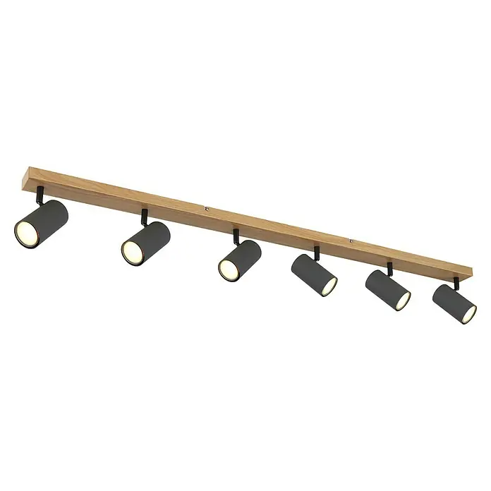 Globo Regleta Robby - L x An x Al: 115 x 6 x 13,5 cm, 35 W, Negro y marrón, GU10 - Una lámpara de techo con seis focos montados en una viga de madera, que emiten una luz cálida y acogedora.