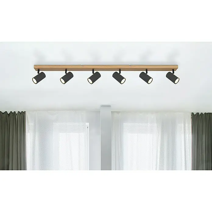 Globo Regleta Robby - L x An x Al: 115 x 6 x 13,5 cm, 35 W, Negro y marrón, GU10 - Lámpara de techo con seis focos montados en una base de madera, ofreciendo una solución de iluminación moderna y elegante para cualquier interior.