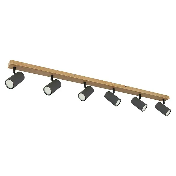 Globo Regleta Robby - L x An x Al: 115 x 6 x 13,5 cm, 35 W, Negro y marrón, GU10 - Lámpara de techo con seis focos y marco de madera, creando un ambiente cálido y moderno.
