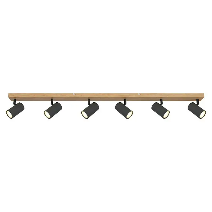 Globo Regleta Robby - L x An x Al: 115 x 6 x 13,5 cm, 35 W, Negro y marrón, GU10 - Lámpara de techo de madera con seis focos negros, creando un ambiente moderno y elegante.