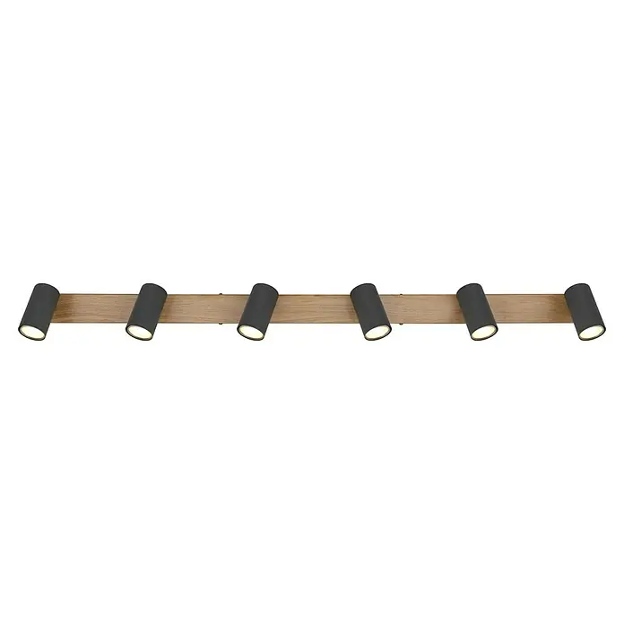 Globo Regleta Robby - L x An x Al: 115 x 6 x 13,5 cm, 35 W, Negro y marrón, GU10 - La imagen muestra iluminación de estantería. Los focos están montados en una estantería de madera e iluminan la superficie inferior.