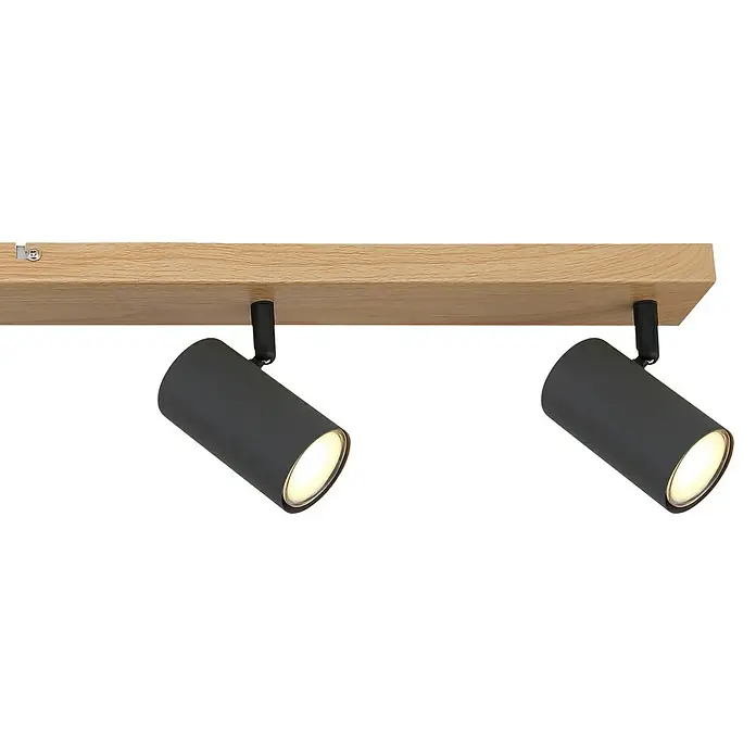 Globo Regleta Robby - L x An x Al: 115 x 6 x 13,5 cm, 35 W, Negro y marrón, GU10 - Primer plano de dos elegantes focos grises montados en una barra de madera, emitiendo luz cálida.