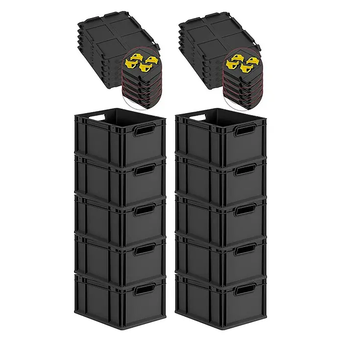 Proregal Euroboxen-Set 10x Eurobox NextGen Grip mit Auflagedeckel inkl. 4 gelben Verschlüssen - L x B x H: 40 x 30 x 22 cm, Kunststoff, Schwarz, 10 Stk. - Produktbild von zwei Stapeln schwarzen Aufbewahrungsboxen und zwei Stapeln dazugehörigen Deckeln mit gelben Verschlüssen.