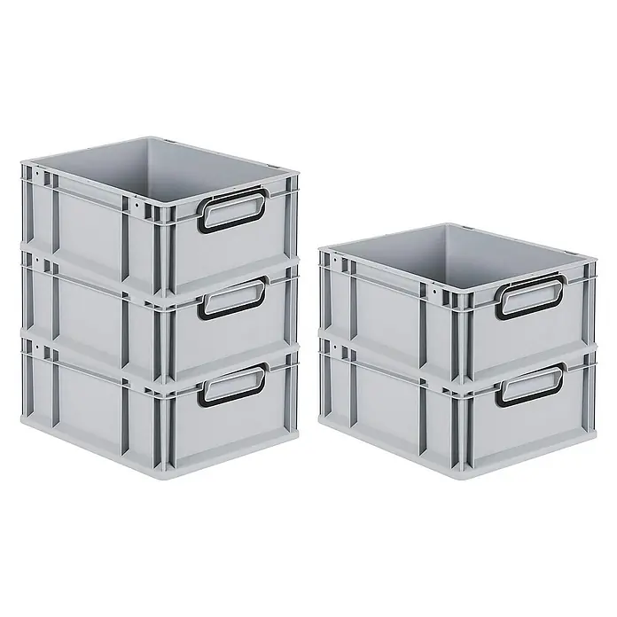 Proregal Euroboxen-Set 5x Eurobox NextGen Color - L x B x H: 40 x 30 x 17 cm, Kunststoff, Grau, Schwarz, 5 Stk. - Graue Kunststoffboxen in zwei Stapeln, perfekt für die Lagerung und Organisation von Gegenständen in Werkstatt oder Lager.