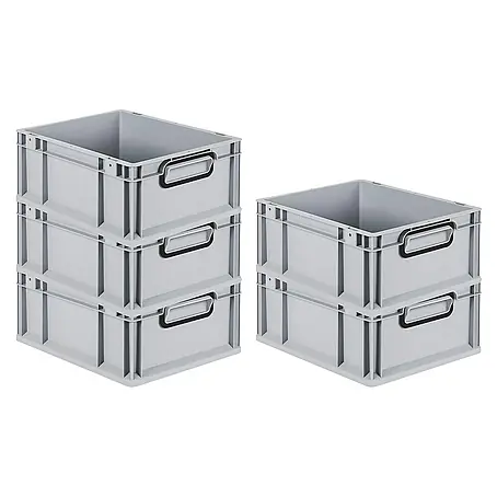 SparSet 5x Eurobox NextGen Color | HxBxT 17x30x40cm | 16 Liter | Griffe schwarz geschlossen | Glatter Boden | Grau | Eurobehälter, Transportbox, Transportbehälter, Stapelbehälter
