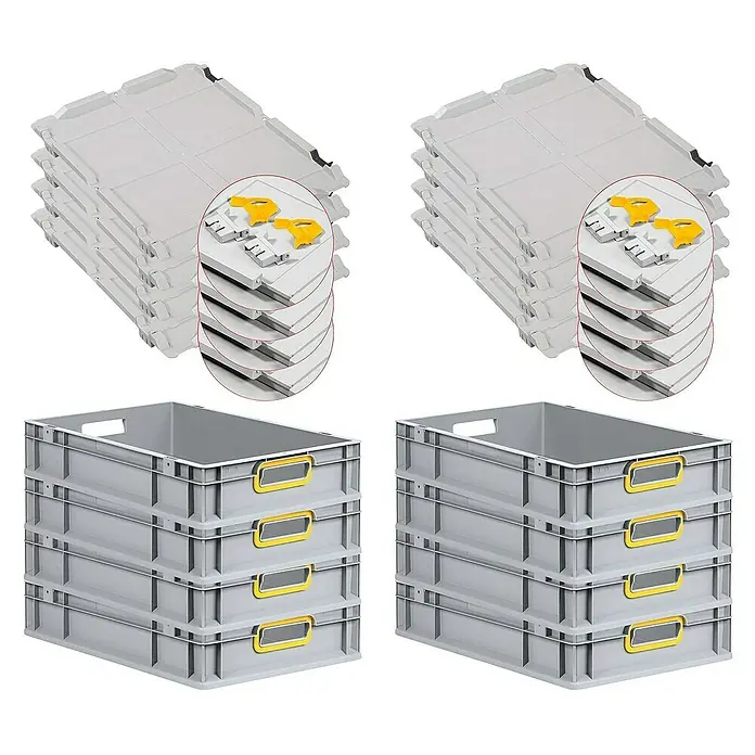 Proregal Euroboxen-Set 8x Eurobox NextGen Color mit Scharnierdeckel und Verschlüssen - L x B x H: 60 x 40 x 12 cm, Kunststoff, Grau, Gelb, 8 Stk. - Stapelbare Eurobehälter und Deckel. Die robusten Behälter sind ideal für Lagerung und Transport und die Deckel schützen den Inhalt.