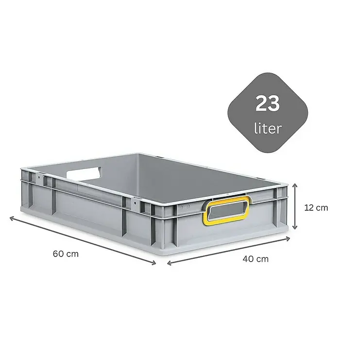 Proregal Euroboxen-Set 8x Eurobox NextGen Color mit Scharnierdeckel und Verschlüssen - L x B x H: 60 x 40 x 12 cm, Kunststoff, Grau, Gelb, 8 Stk. - Graue Kunststoffbox mit gelben Griffen und den Maßen 60 cm x 40 cm x 12 cm, ideal für Lagerung und Transport von Gegenständen.