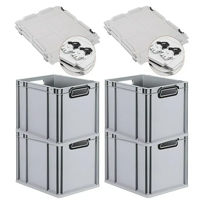 SuperSparSet 4x Eurobox NextGen Color mit Scharnierdeckel und Schiebeschnappverschlüssen | HxBxT 32x30x40cm | 30 Liter | Grau | Griffe schwarz offen | Glatter Boden | Eurobehälter, Transportbox, Transportbehälter, Stapelbehälter -  - Set aus stapelbaren grauen Eurobehältern mit Deckel. Praktische Lagerlösung für Zuhause oder im Gewerbe. Robuste und vielseitige Boxen.