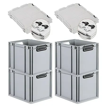 SuperSparSet 4x Eurobox NextGen Color mit Scharnierdeckel und Schiebeschnappverschlüssen | HxBxT 32x30x40cm | 30 Liter | Grau | Griffe schwarz offen | Glatter Boden | Eurobehälter, Transportbox, Transportbehälter, Stapelbehälter