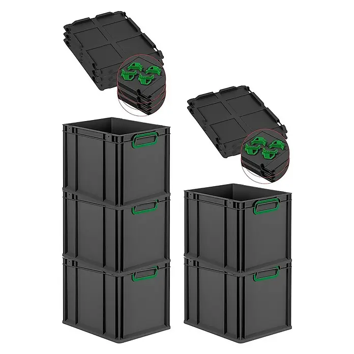 Proregal Euroboxen-Set 5x Eurobox NextGen Color mit Auflagedeckel und Schiebeschnappverschlüsse - L x B x H: 40 x 30 x 32 cm, Kunststoff, Schwarz, Grün, 5 Stk. - Bild von schwarzen Kunststoffboxen mit grünen Griffen und flachen schwarzen Deckeln.