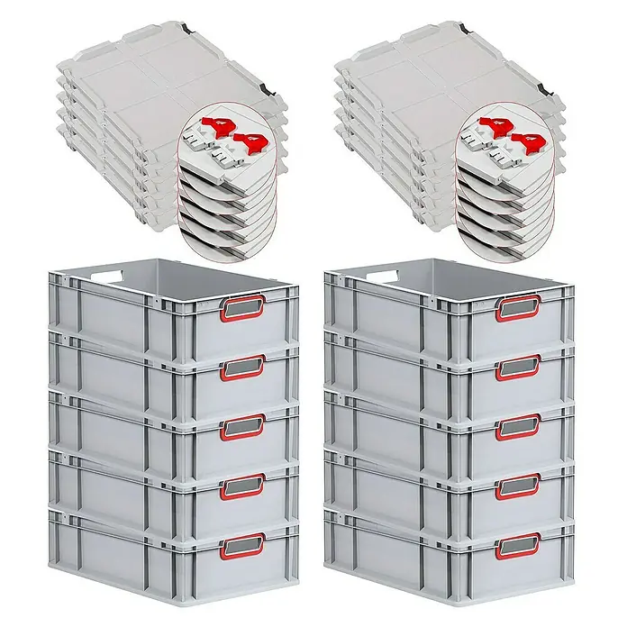 SuperSparSet 10x Eurobox NextGen Color mit Scharnierdeckel und Schiebeschnappverschlüssen | HxBxT 17x40x60cm | 34 Liter | Grau | Griffe rot offen | Glatter Boden | Eurobehälter, Transportbox, Transportbehälter, Stapelbehälter -  - Abbildung von zwei Stapeln grauer Lagerkästen und zwei Stapeln grauer Deckel mit roten Verschlüssen für Lagerung.
