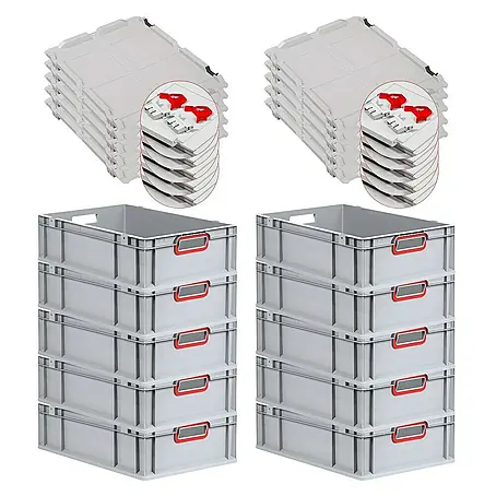 SuperSparSet 10x Eurobox NextGen Color mit Scharnierdeckel und Schiebeschnappverschlüssen | HxBxT 17x40x60cm | 34 Liter | Grau | Griffe rot offen | Glatter Boden | Eurobehälter, Transportbox, Transportbehälter, Stapelbehälter