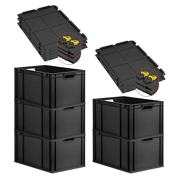 Proregal Euroboxen-Set 5x Eurobox NextGen Grip mit Scharnierdeckel und gelben Verschlüssen - L x B x H: 60 x 40 x 32 cm, Kunststoff, Schwarz, 5 Stk. - Schwarze Kunststoffboxen und Deckel. Robuste Aufbewahrungslösung für verschiedene Anwendungen.