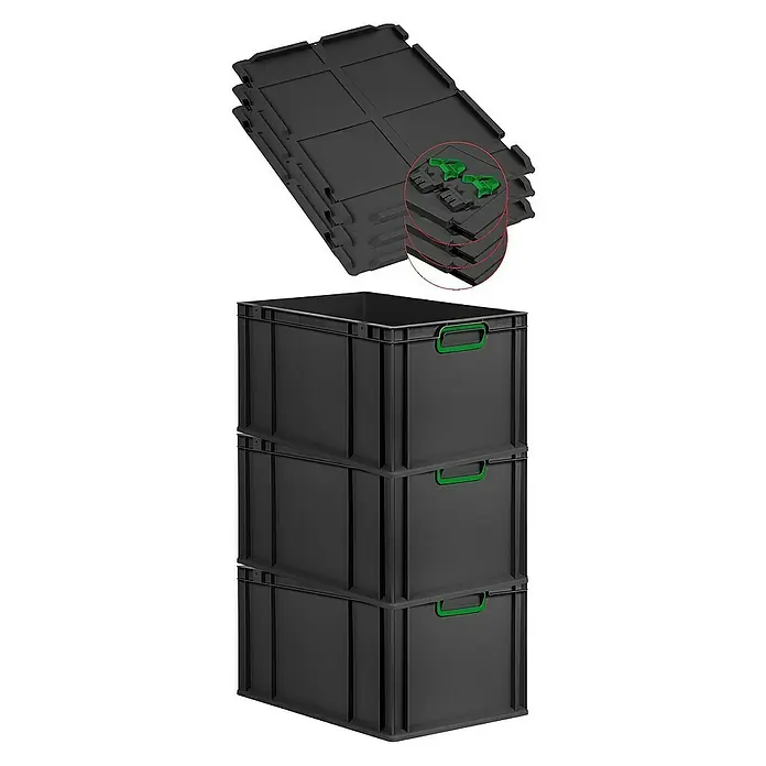 SuperSparSet 3x Eurobox NextGen Color mit Scharnierdeckel und Schiebeschnappverschlüssen | HxBxT 32x40x60cm | 65 Liter | Schwarz | Griffe grün geschlossen | Verstärkter Boden | Eurobehälter, Transportbox, Transportbehälter, Stapelbehälter -  - Stapelbare schwarze Kunststoffbehälter mit grünen Griffen und Deckeln. Perfekt für Lagerung und Transport im gewerblichen Bereich.
