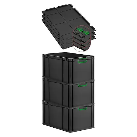 SuperSparSet 3x Eurobox NextGen Color mit Scharnierdeckel und Schiebeschnappverschlüssen | HxBxT 32x40x60cm | 65 Liter | Schwarz | Griffe grün geschlossen | Verstärkter Boden | Eurobehälter, Transportbox, Transportbehälter, Stapelbehälter