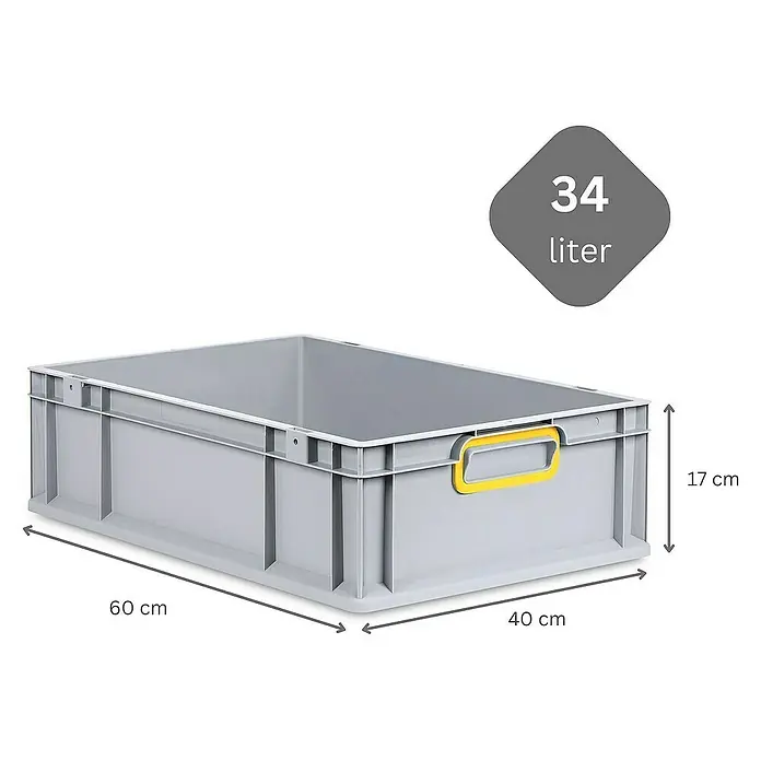 Proregal Euroboxen-Set 5x Eurobox NextGen Color mit Scharnierdeckel und Verschlüssen - L x B x H: 60 x 40 x 17 cm, Kunststoff, Grau, Gelb, 5 Stk. - Graue 34-Liter-Kunststoffbox mit gelbem Griff und Maßangaben.