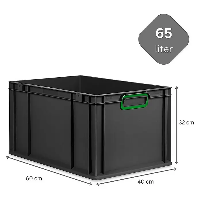 SuperSparSet 3x Eurobox NextGen Color mit Scharnierdeckel und Schiebeschnappverschlüssen | HxBxT 32x40x60cm | 65 Liter | Schwarz | Griffe grün geschlossen | Verstärkter Boden | Eurobehälter, Transportbox, Transportbehälter, Stapelbehälter -  - Abbildung einer schwarzen 65-Liter-Lagerbox mit grünen Griffen und Größenangaben.