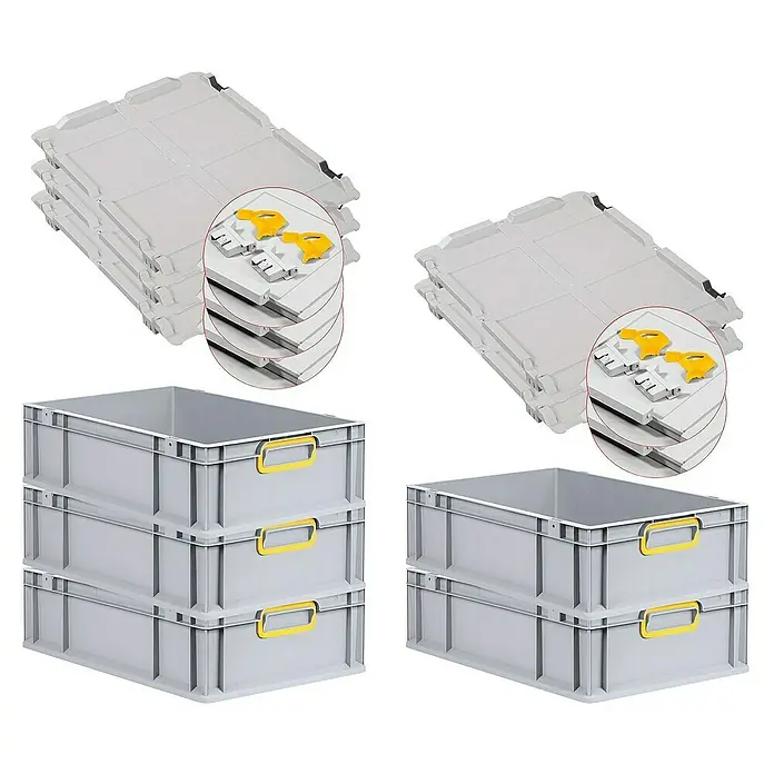 Proregal Euroboxen-Set 5x Eurobox NextGen Color mit Scharnierdeckel und Verschlüssen - L x B x H: 60 x 40 x 17 cm, Kunststoff, Grau, Gelb, 5 Stk. - Produktbild mit grauen Euroboxen und dazugehörigen Deckeln, die sich ideal für Lagerung und Transport eignen.