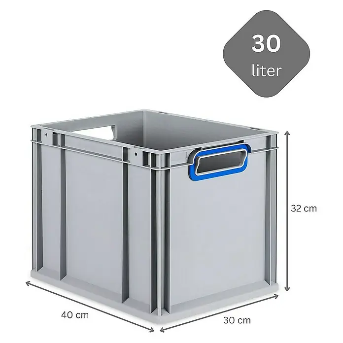 Proregal Euroboxen-Set 5x Eurobox NextGen Color mit Scharnierdeckel und Verschlüssen - Kunststoff, Grau, Blau, 5 Stk. - Graue 30-Liter-Eurobox mit den Maßen 40 x 30 x 32 cm, ideal für Lagerung und Transport. Robuste Kunststoffkiste mit praktischen Tragegriffen.