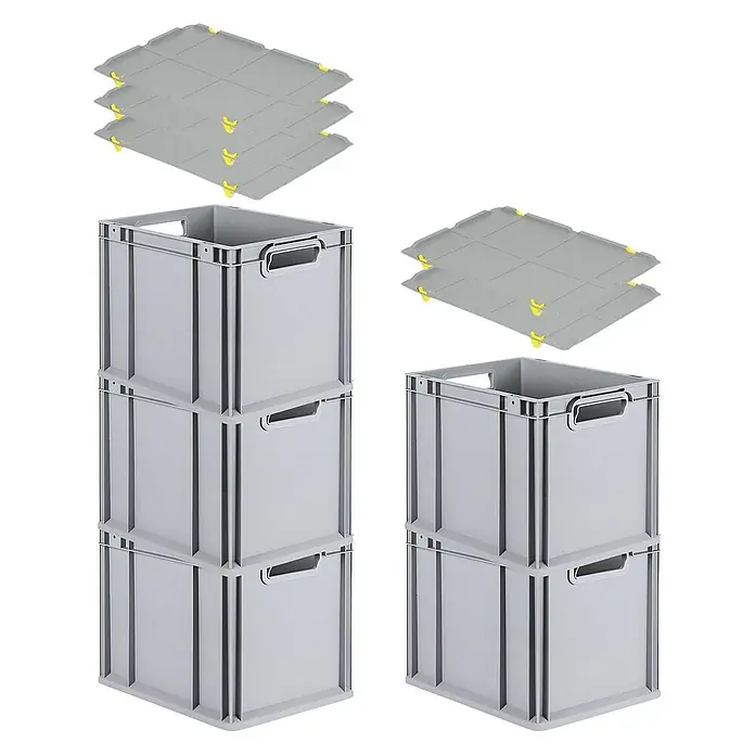Proregal Euroboxen-Set 5x Eurobox NextGen Economy mit Auflagedeckel und 4x Verschlüsse Gelb - Kunststoff, Grau, 5 Stk. - Bild von grauen Kunststoffboxen und grauen Deckeln mit gelben Befestigungen, die eine praktische und stapelbare Aufbewahrungslösung bieten.