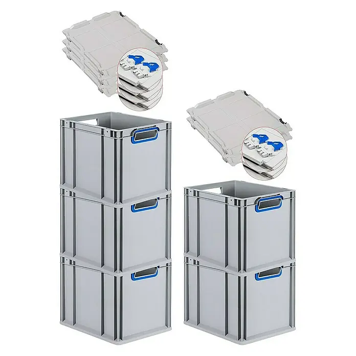 Proregal Euroboxen-Set 5x Eurobox NextGen Color mit Scharnierdeckel und Verschlüssen - Kunststoff, Grau, Blau, 5 Stk. - Die grauen Kunststoffboxen sind mit blauen Griffen und Deckeln ausgestattet und lassen sich für den einfachen Transport stapeln.