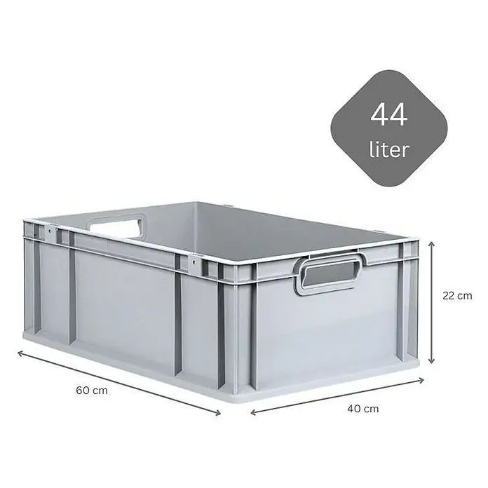 Proregal Euroboxen-Set 5x Eurobox NextGen Grip mit Scharnierdeckel und grünen Verschlüssen - L x B x H: 60 x 40 x 22 cm, Kunststoff, Grau, 5 Stk. - Graue Kunststoffbox mit den Maßen 60 x 40 x 22 cm und einem Fassungsvermögen von 44 Litern zur Aufbewahrung von Gegenständen.