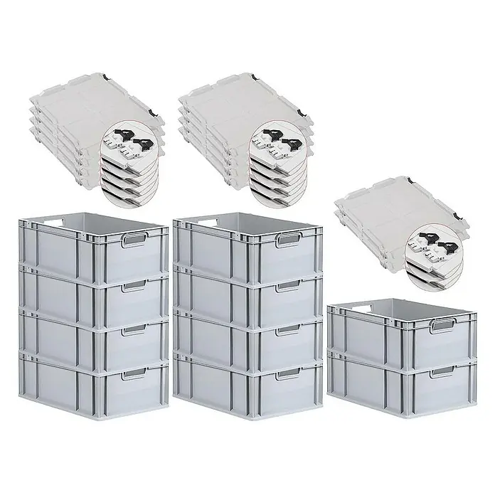 Proregal Euroboxen-Set 10x Eurobox NextGen Economy mit Scharnierdeckel und schwarzen Verschlüssen - L x B x H: 60 x 40 x 22 cm, Kunststoff, Grau, 10 Stk. - Ein Stapel grauer Kunststoffbehälter mit Klappdeckeln, ideal für Lagerung und Transport.