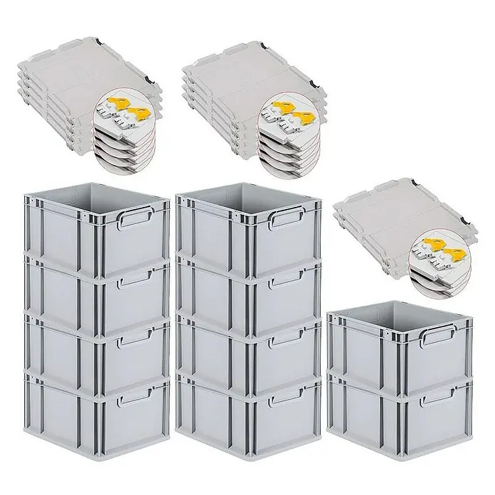 Proregal Euroboxen-Set 10x Eurobox NextGen Grip mit Scharnierdeckel und gelben Verschlüssen - L x B x H: 40 x 30 x 22 cm, Kunststoff, Grau, 10 Stk. - Stapelbare Aufbewahrungsboxen mit Deckel in Grau, ideal für die Organisation. Robuste Kunststoffkonstruktion für den vielseitigen Einsatz.
