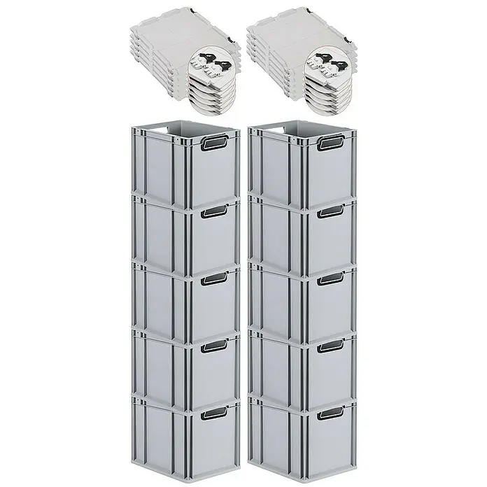 SuperSparSet 10x Eurobox NextGen Color mit Scharnierdeckel und Schiebeschnappverschlüssen | HxBxT 32x30x40cm | 30 Liter | Grau | Griffe schwarz offen | Glatter Boden | Eurobehälter, Transportbox, Transportbehälter, Stapelbehälter -  - Ein Bild von 2 Stapeln grauer Lagerkisten und 2 Stapeln dazugehöriger Deckel, die eine praktische Aufbewahrungslösung darstellen.