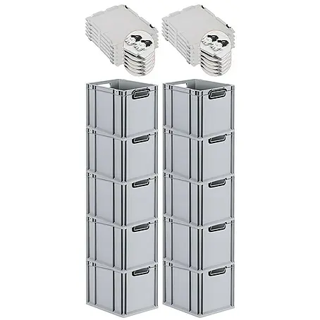 SuperSparSet 10x Eurobox NextGen Color mit Scharnierdeckel und Schiebeschnappverschlüssen | HxBxT 32x30x40cm | 30 Liter | Grau | Griffe schwarz offen | Glatter Boden | Eurobehälter, Transportbox, Transportbehälter, Stapelbehälter