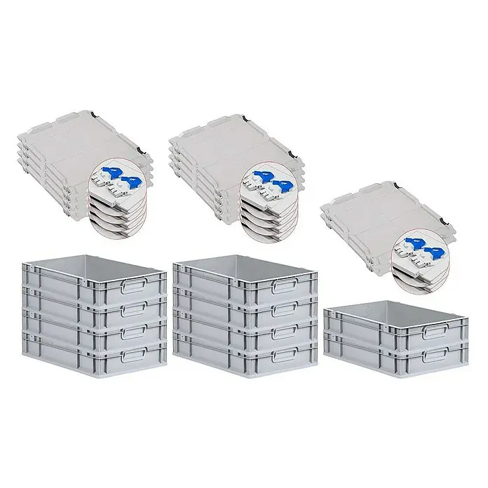 Proregal Euroboxen-Set 10x Eurobox NextGen Grip mit Scharnierdeckel und blauen Verschlüssen - L x B x H: 60 x 40 x 12 cm, Kunststoff, Grau, 10 Stk. - Verschiedene Stapel von grauen Lagerbehältern und Deckeln, ideal für Organisation und Lagerung.