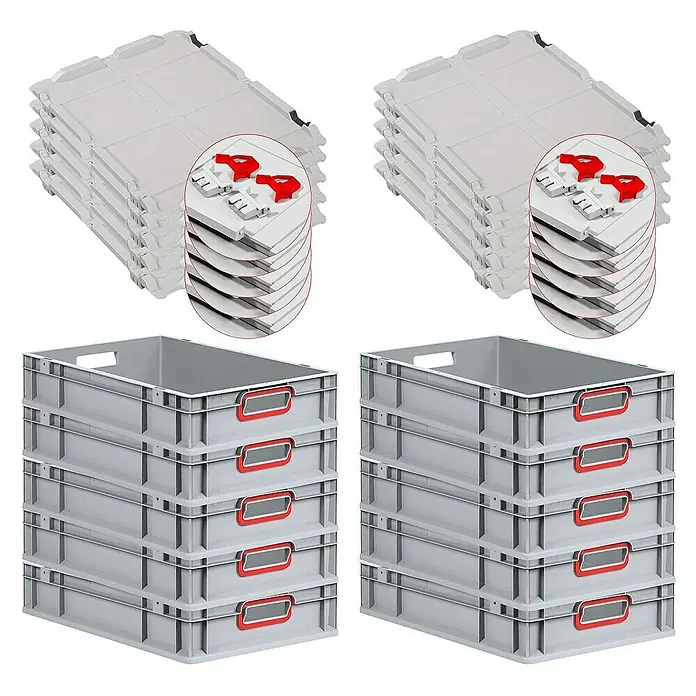 Proregal Euroboxen-Set 10x Eurobox NextGen Color mit Scharnierdeckel und Verschlüssen - L x B x H: 60 x 40 x 12 cm, Kunststoff, Grau, Rot, 10 Stk. - Graue Lagerboxen und Deckel. Stapelbare Kunststoffbehälter mit roten Griffen und passenden Deckeln für Lagerung und Transport.