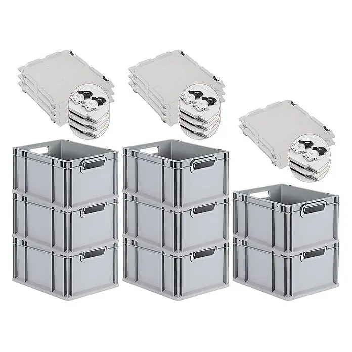 Proregal Euroboxen-Set 8x Eurobox NextGen Grip mit Scharnierdeckel und schwarzen Verschlüssen - L x B x H: 40 x 30 x 22 cm, Kunststoff, Grau, 8 Stk. - Bild von drei Stapeln grauer Lagerkisten mit dazugehörigen Deckeln. Robuste Aufbewahrungslösung für Zuhause oder das Büro.